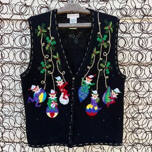 VTG Y2K White Stag Ugly Christmas Elves Wrecking Ball Ornament Sweater Vest MED